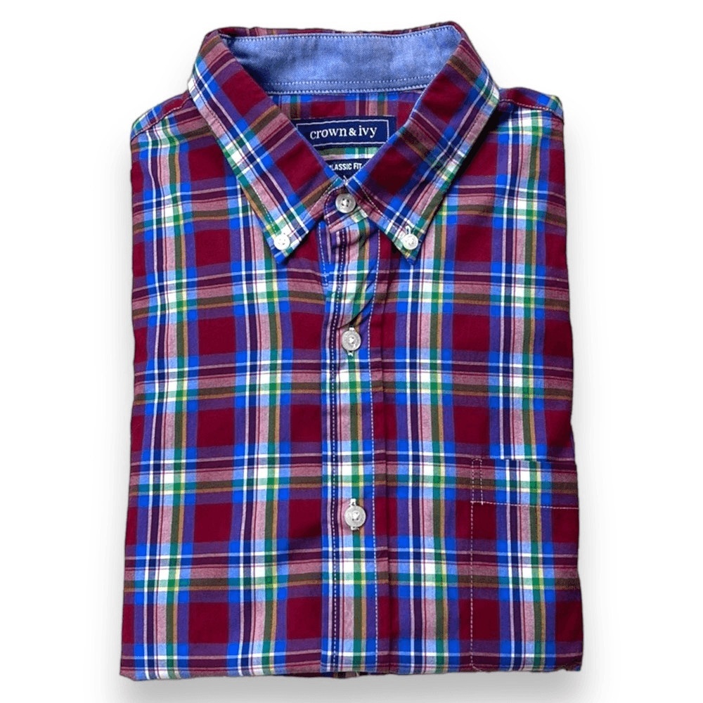 Crown &‎ Ivy Shirt Mens Medium M Plaid Classic Fit Long Sleeve Button Down Shirt